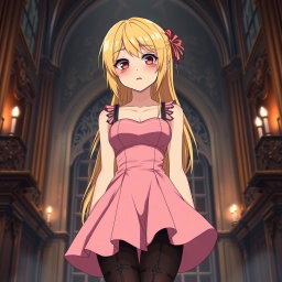 A tall, flustered 20-year-old anime girl with striking blonde hair, blushing deeply with embarrassment