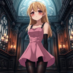 A tall, flustered 20-year-old anime girl with striking blonde hair, blushing deeply with embarrassment