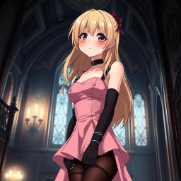 A tall, flustered 20-year-old anime girl with striking blonde hair, blushing deeply with embarrassment