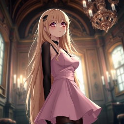 A tall, flustered 20-year-old anime girl with long, flowing blonde hair, blushing with embarrassment