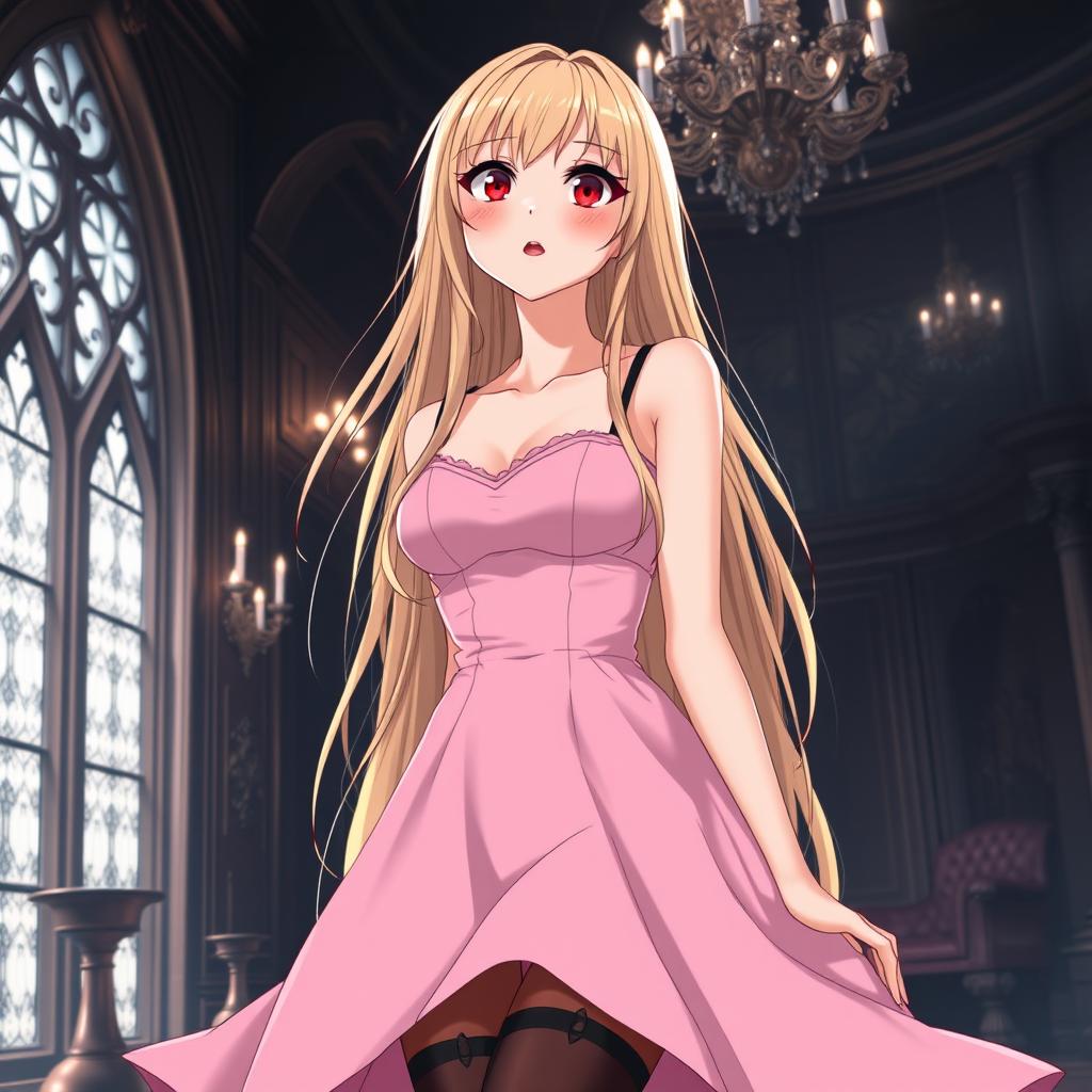 A tall, flustered 20-year-old anime girl with long, flowing blonde hair, blushing with embarrassment