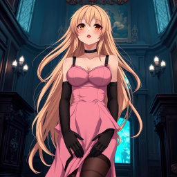 A tall, flustered 20-year-old anime girl with long, flowing blonde hair, blushing with embarrassment