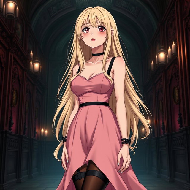 A tall, flustered 20-year-old anime girl with long, flowing blonde hair, blushing with embarrassment