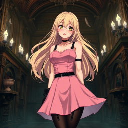 A tall, flustered 20-year-old anime girl with flowing blonde hair, blushing with deep embarrassment