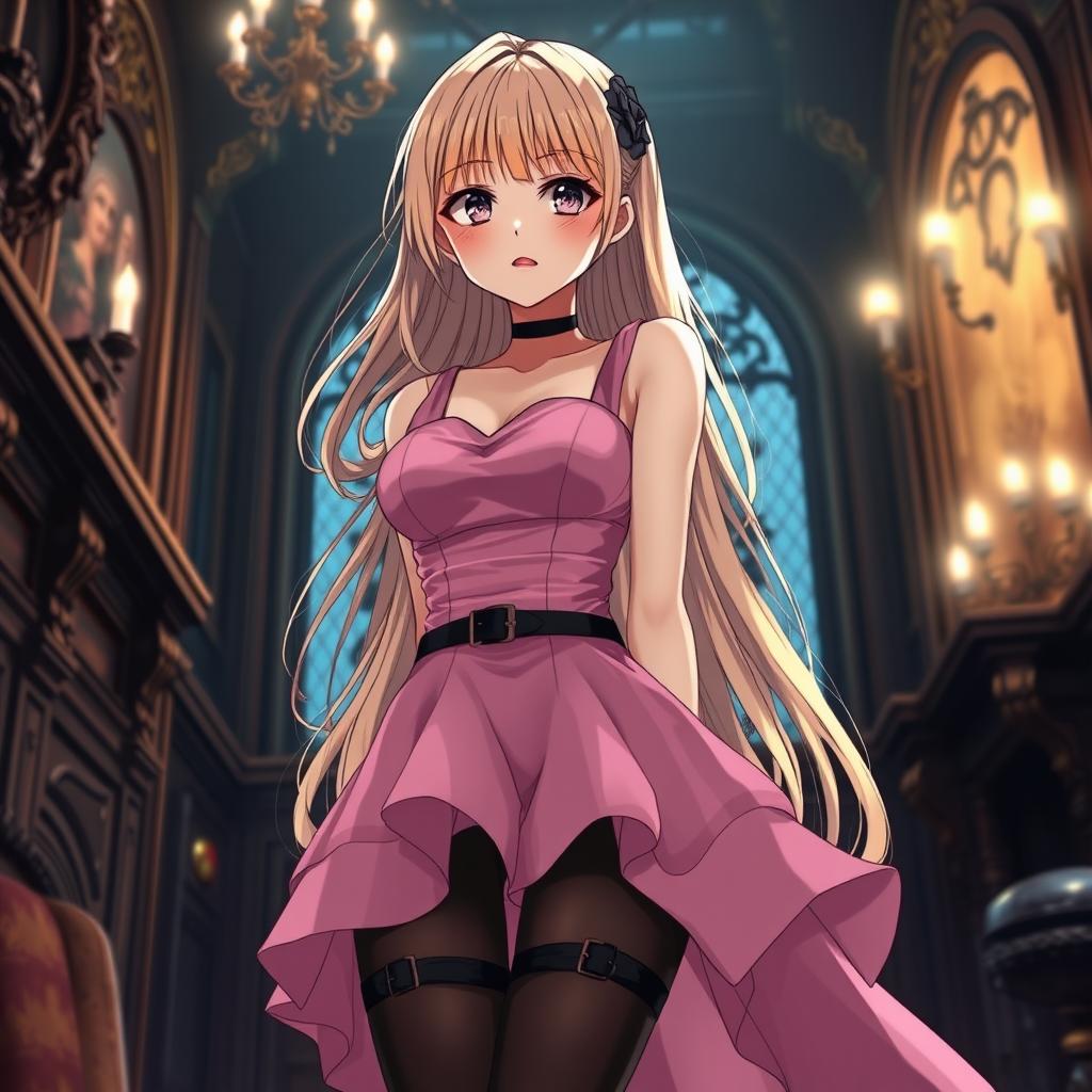 A tall, flustered 20-year-old anime girl with flowing blonde hair, blushing with deep embarrassment