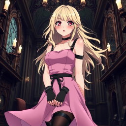 A tall, flustered 20-year-old anime girl with flowing blonde hair, blushing with deep embarrassment