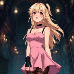 A tall, flustered 20-year-old anime girl with flowing blonde hair, blushing with deep embarrassment