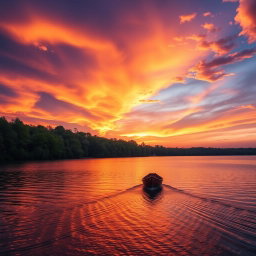 A stunning banner featuring a vibrant and dynamic sunset over a tranquil lake, with lush green trees lining the shore