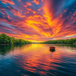 A stunning banner featuring a vibrant and dynamic sunset over a tranquil lake, with lush green trees lining the shore