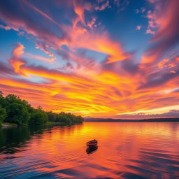 A stunning banner featuring a vibrant and dynamic sunset over a tranquil lake, with lush green trees lining the shore
