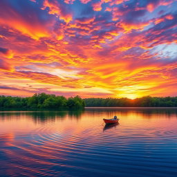 A stunning banner featuring a vibrant and dynamic sunset over a tranquil lake, with lush green trees lining the shore