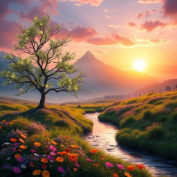 A captivating banner showcasing an ethereal fantasy landscape with a majestic mountain range in the background, bathed in the golden light of a setting sun