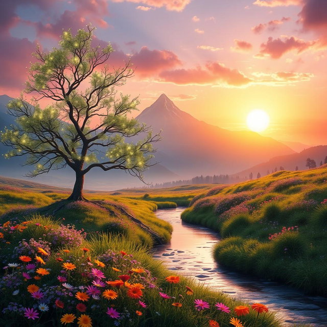 A captivating banner showcasing an ethereal fantasy landscape with a majestic mountain range in the background, bathed in the golden light of a setting sun
