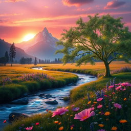 A captivating banner showcasing an ethereal fantasy landscape with a majestic mountain range in the background, bathed in the golden light of a setting sun