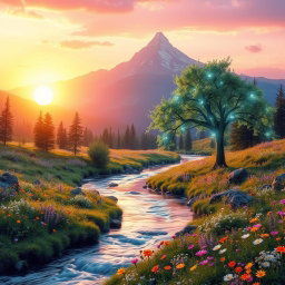 A captivating banner showcasing an ethereal fantasy landscape with a majestic mountain range in the background, bathed in the golden light of a setting sun