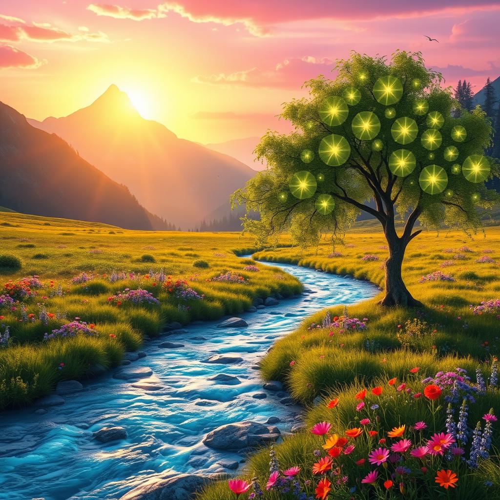 A captivating banner showcasing an ethereal fantasy landscape with a majestic mountain range in the background, bathed in the golden light of a setting sun