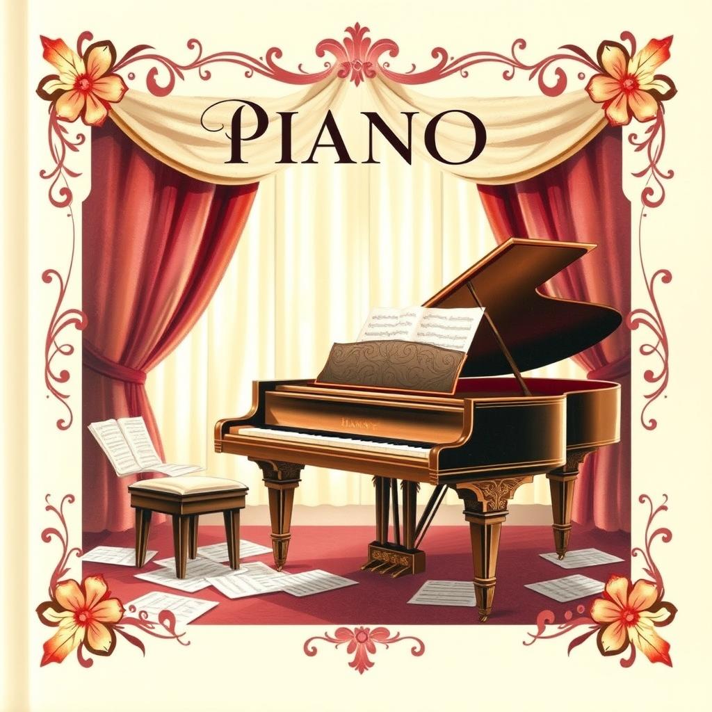 A beautifully illustrated piano book cover featuring an ornate grand piano under soft, warm lighting