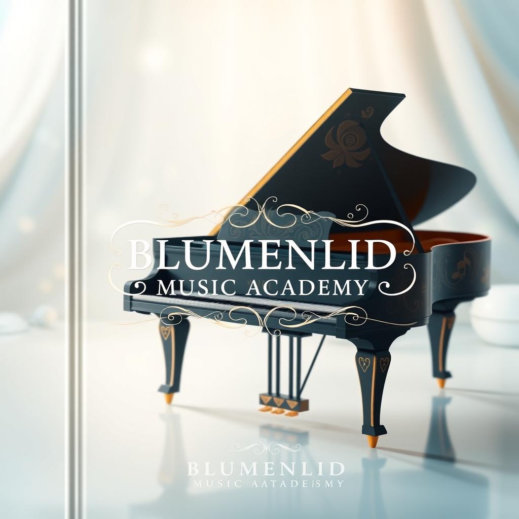 An artistic book cover for 'BLUMENLID MUSIC ACADEMY', showcasing a grand piano in an elegant and inviting setting