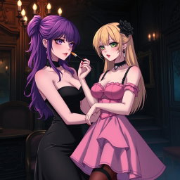 A gothic anime girl with vibrant purple hair, wearing a stunning black dress that accentuates her figure, including large breasts