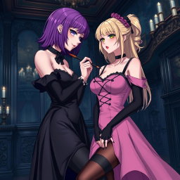 A gothic anime girl with vibrant purple hair, wearing a stunning black dress that accentuates her figure, including large breasts