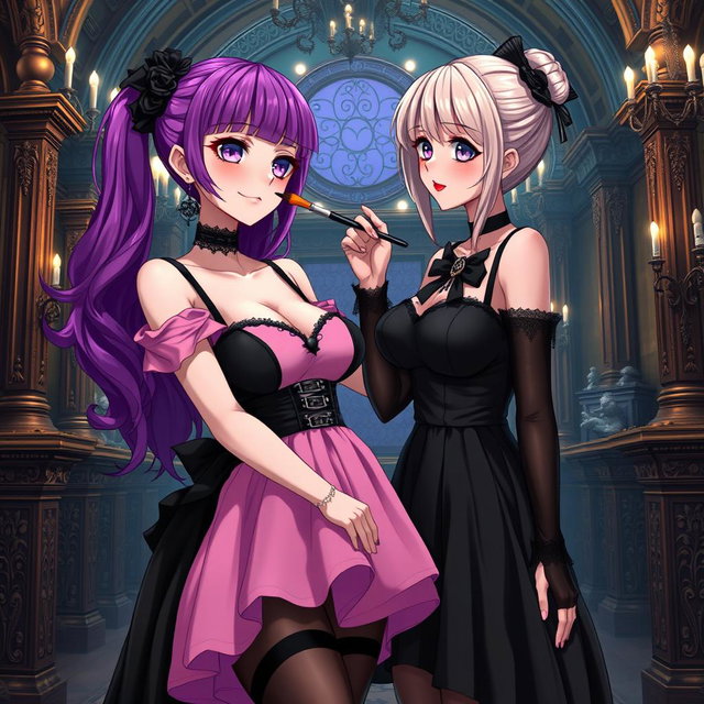 A gothic anime girl with vibrant purple hair, wearing a stunning black dress that accentuates her figure, including large breasts