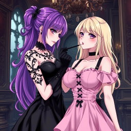 A gothic anime girl with vibrant purple hair, wearing a stunning black dress that accentuates her figure, including large breasts