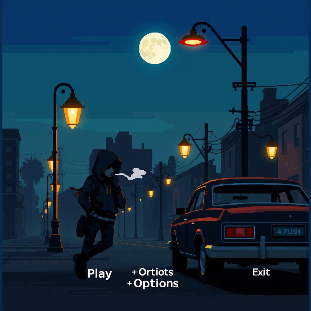 Pixel art of an urban street at night in a retro 16-bit style