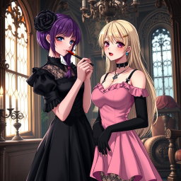 A gothic anime girl with stunning purple hair, dressed in an exquisite black dress that emphasizes her large breasts