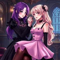 A gothic anime girl with stunning purple hair, dressed in an exquisite black dress that emphasizes her large breasts