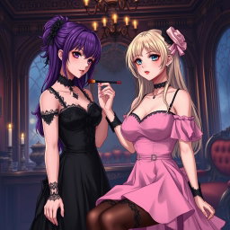 A gothic anime girl with stunning purple hair, dressed in an exquisite black dress that emphasizes her large breasts