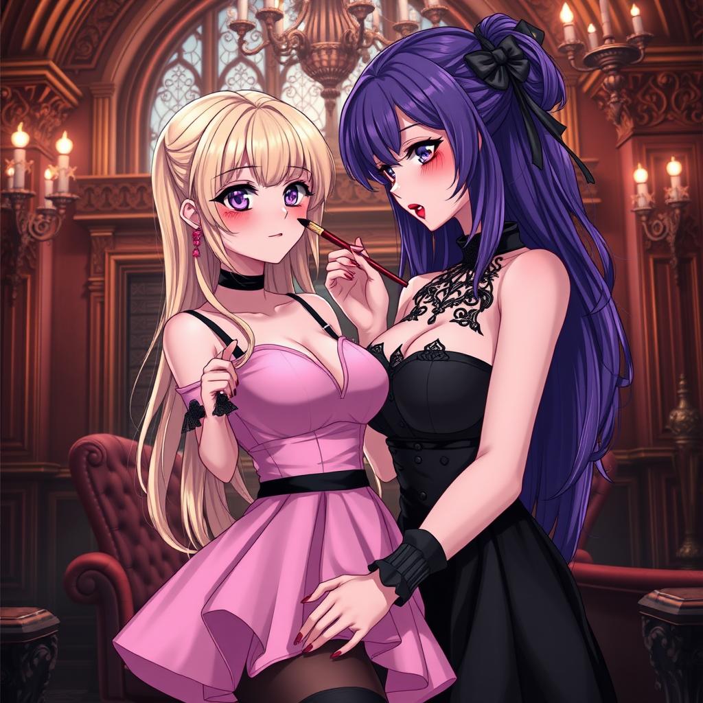 A gothic anime girl with stunning purple hair, dressed in an exquisite black dress that emphasizes her large breasts
