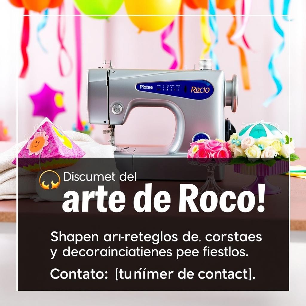 A vibrant advertisement for Rocio's business showcasing a sewing machine alongside beautifully decorated party items like colorful piñatas and elegant centerpieces