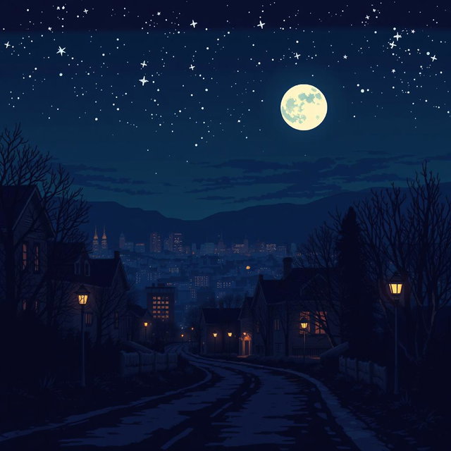 Detailed 16-bit pixel art depicting a nighttime landscape with an engaging atmosphere