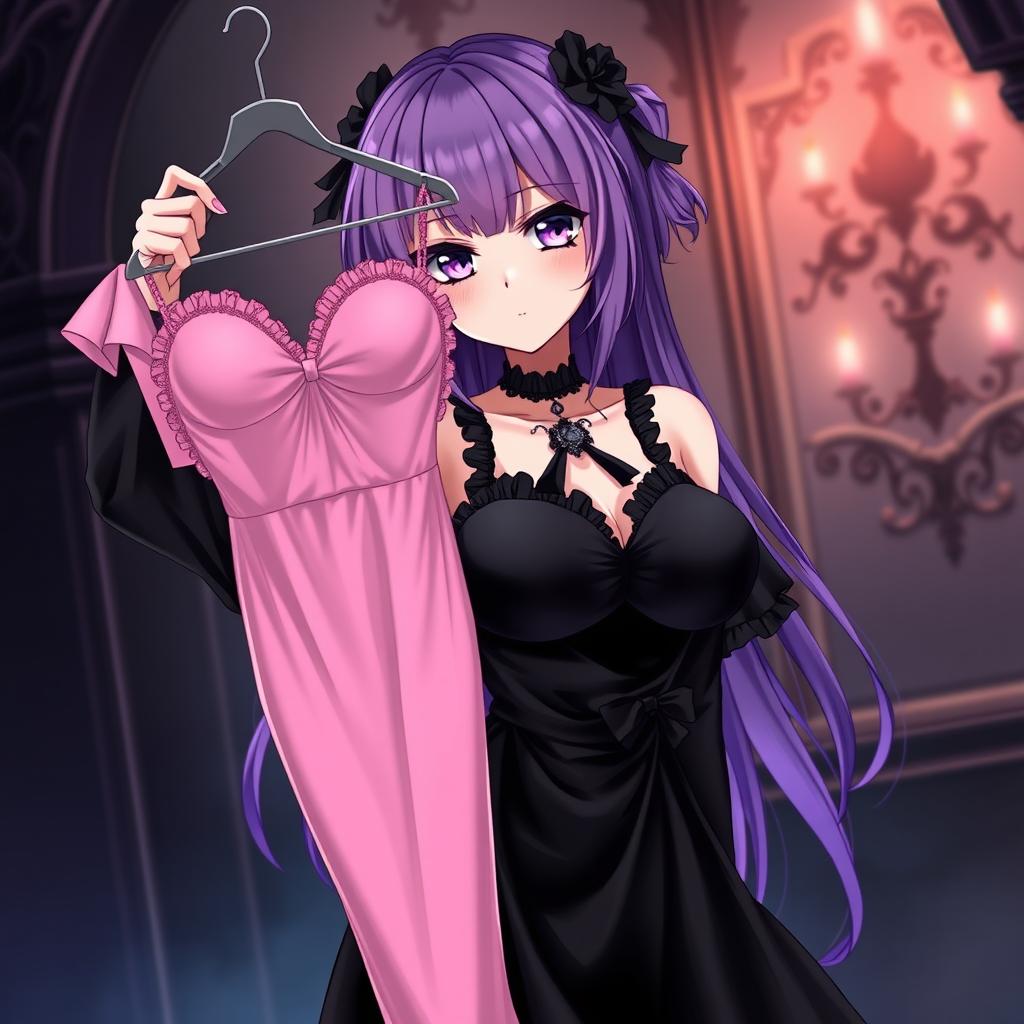 A gothic anime girl with striking purple hair, wearing an elegant black dress that highlights her large breasts