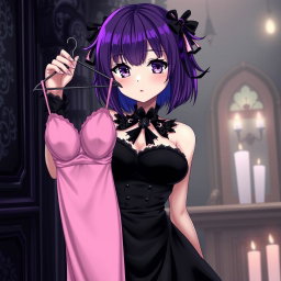A gothic anime girl with striking purple hair, wearing an elegant black dress that highlights her large breasts