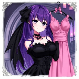 A gothic anime girl with striking purple hair, wearing an elegant black dress that highlights her large breasts
