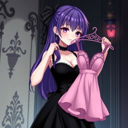 A gothic anime girl with striking purple hair, wearing an elegant black dress that highlights her large breasts