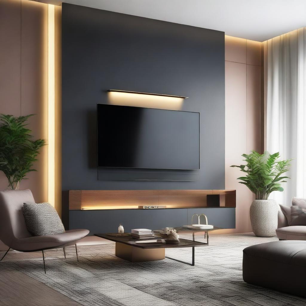 A modern wall with a sleek flat-screen TV mounted on it, surrounded by chic decoratives and ambient lighting.