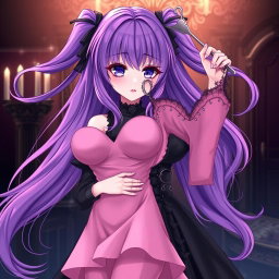 A gothic anime girl with flowing purple hair, elegantly adorned in a beautiful black dress that accentuates her large breasts