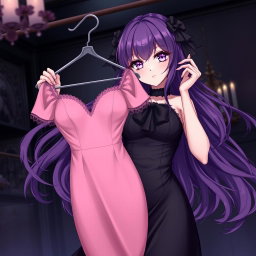 A gothic anime girl with flowing purple hair, elegantly adorned in a beautiful black dress that accentuates her large breasts