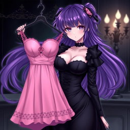 A gothic anime girl with flowing purple hair, elegantly adorned in a beautiful black dress that accentuates her large breasts