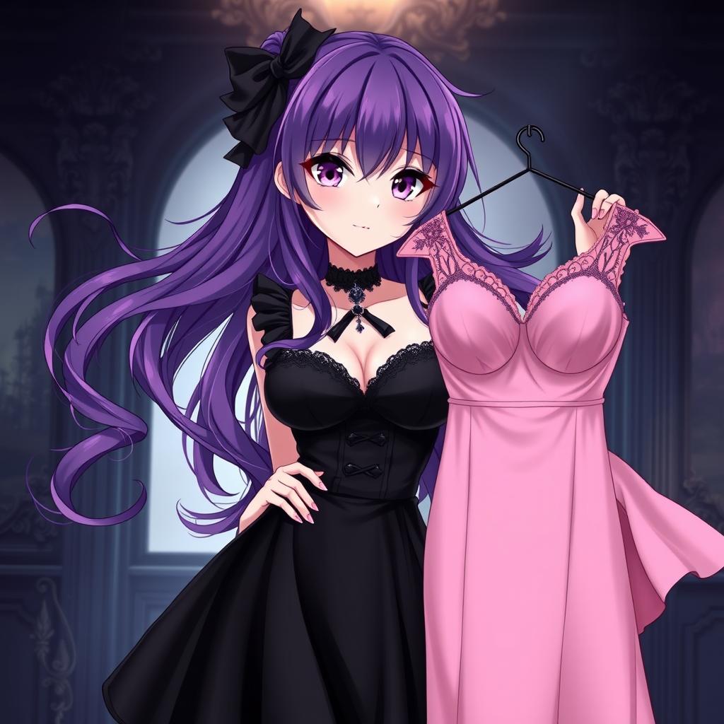 A gothic anime girl with flowing purple hair, elegantly adorned in a beautiful black dress that accentuates her large breasts