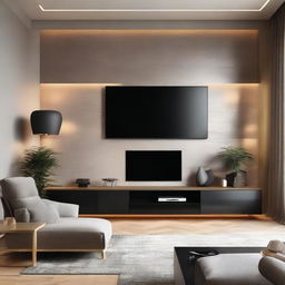 A modern wall with a sleek flat-screen TV mounted on it, surrounded by chic decoratives and ambient lighting.