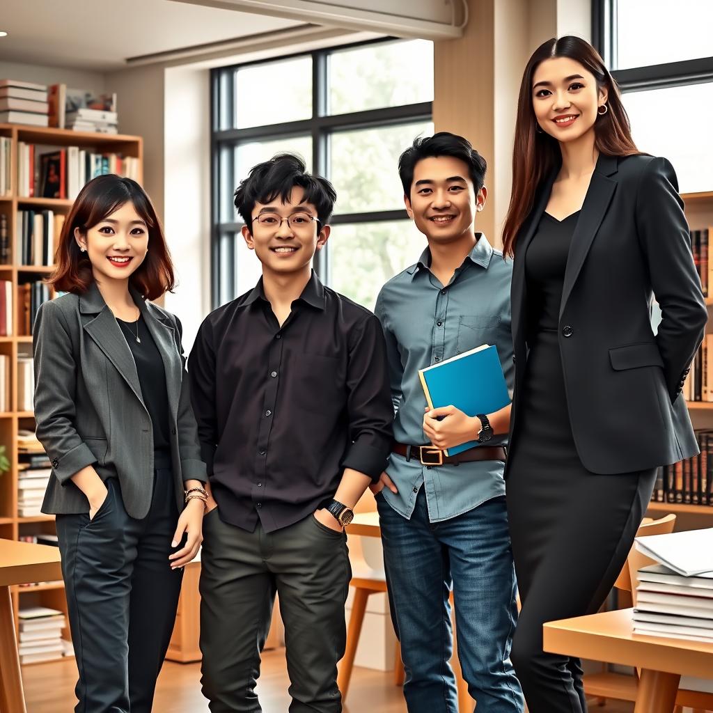A lively publishing office scene with four friends