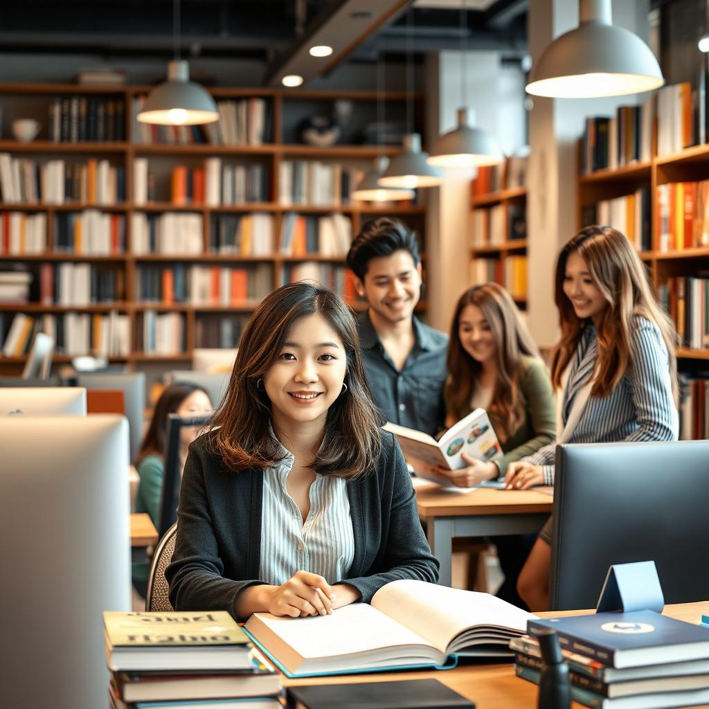 A vibrant publishing office scene featuring four friends engaged in conversation and work