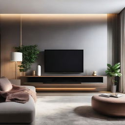 A modern wall with a sleek flat-screen TV mounted on it, surrounded by chic decoratives and ambient lighting.