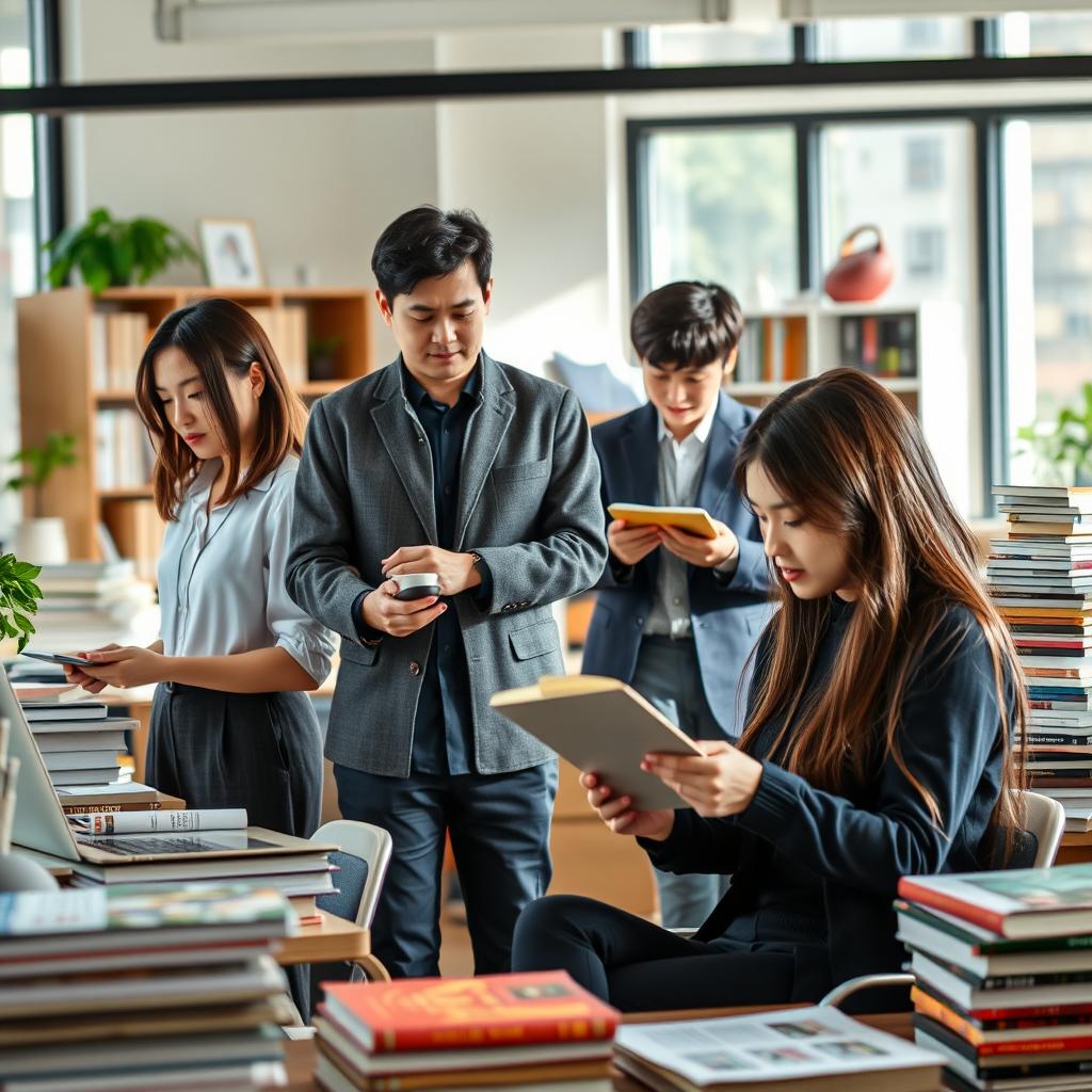 A busy publishing office scene featuring four Korean individuals