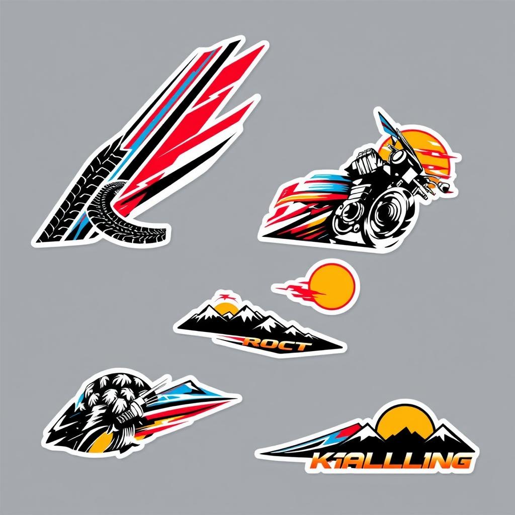 Stickers designed for a rally motorcycle, featuring dynamic and bold graphics