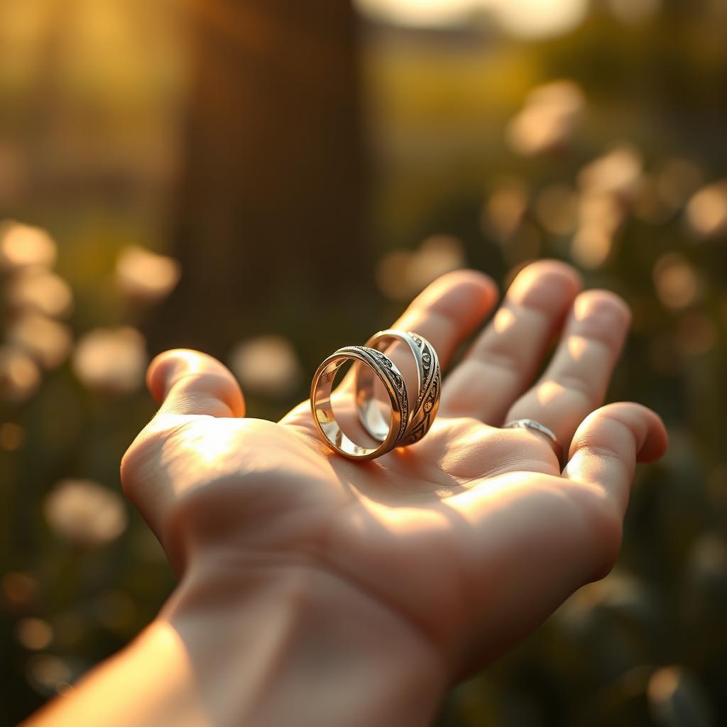A heartfelt depiction of forbidden love symbolized by two intertwined wedding rings resting gently on an open palm