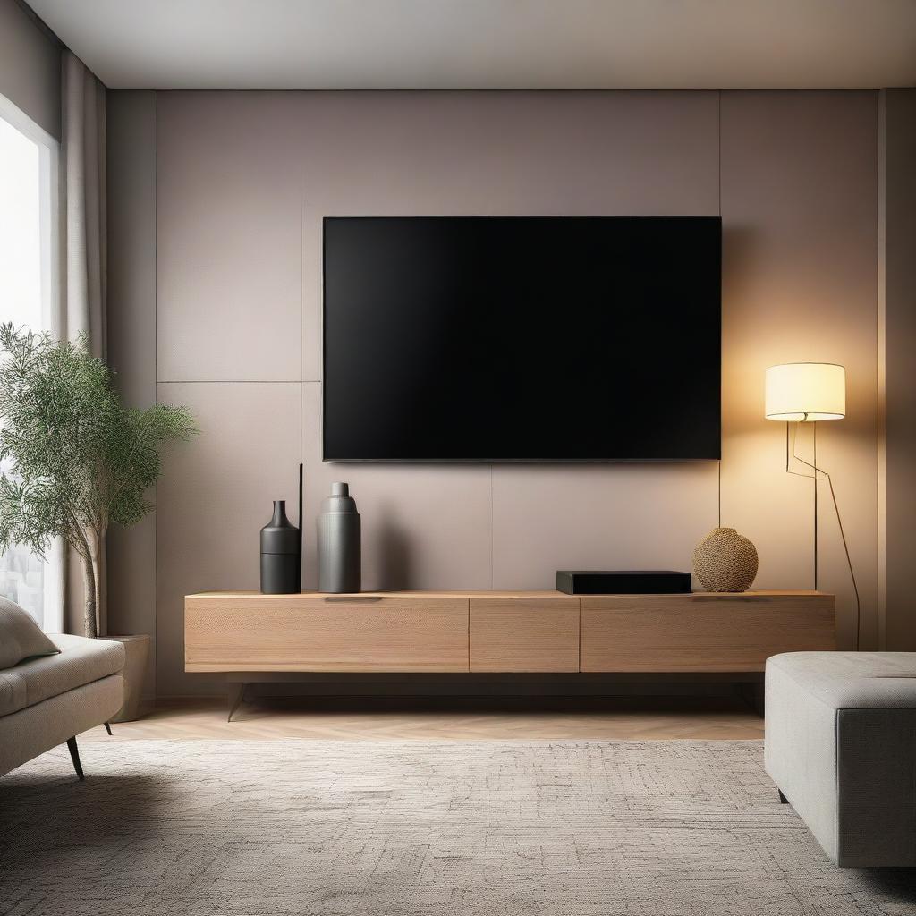 A modern wall with a sleek flat-screen TV mounted on it, surrounded by chic decoratives and ambient lighting.